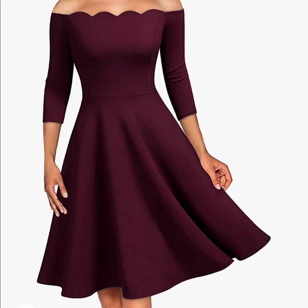 Women's Maroon Vintage Cocktail Party Half Sleeve Boat Neck Swing Dress Size:M
